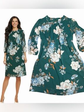 Eva Mendes NY&C Elegant 3/4 Sheer Sleeves Green Midi Floral Flowy Dress Size XS